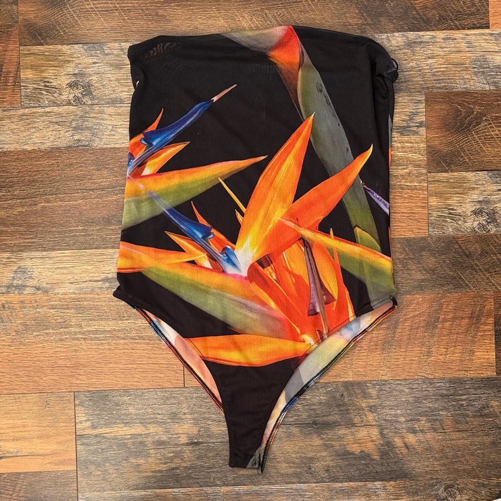 Zara Large Floral Mesh Bodysuit Y2K Tropical Summer Strapless Top
